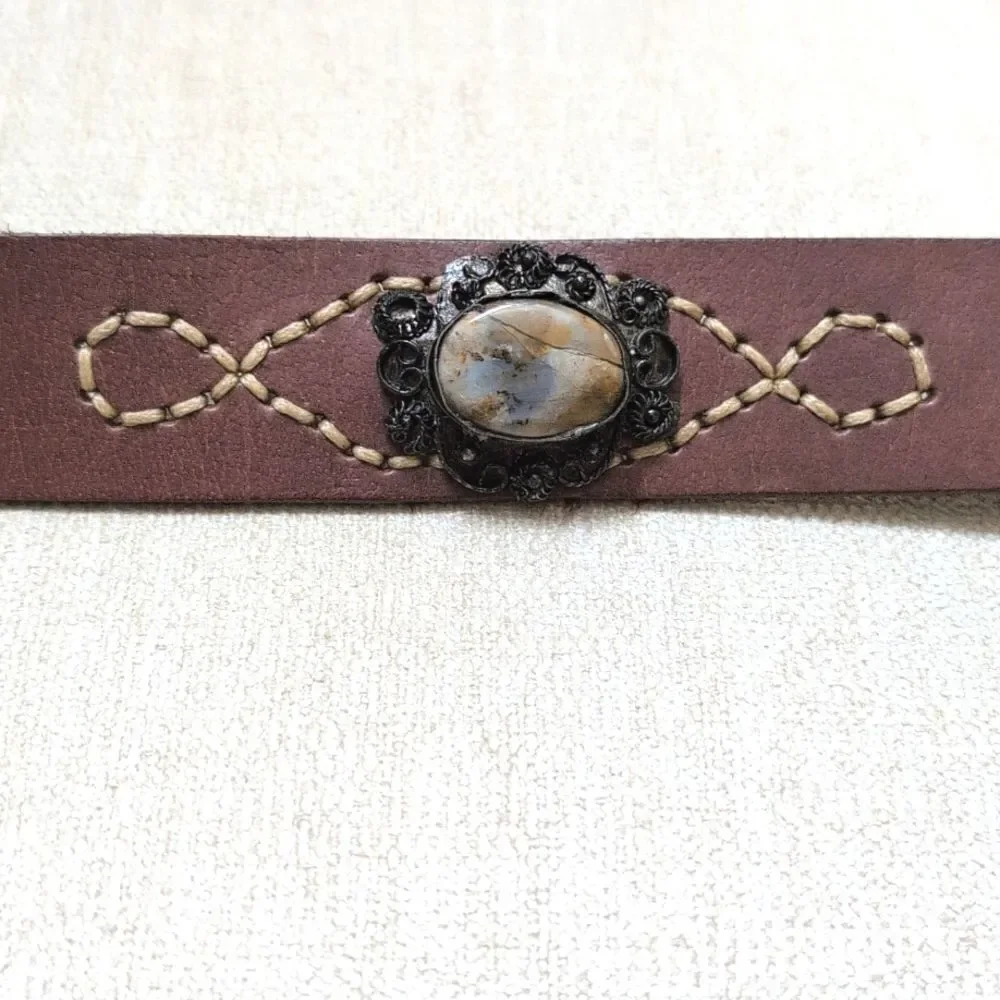 Brown Leather Belt with Cabachon Stone Medallions & Silver Scroll Work Buckle